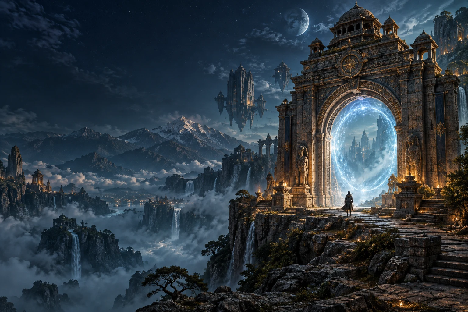 An explorer approaches a glowing portal above a vast mountain world