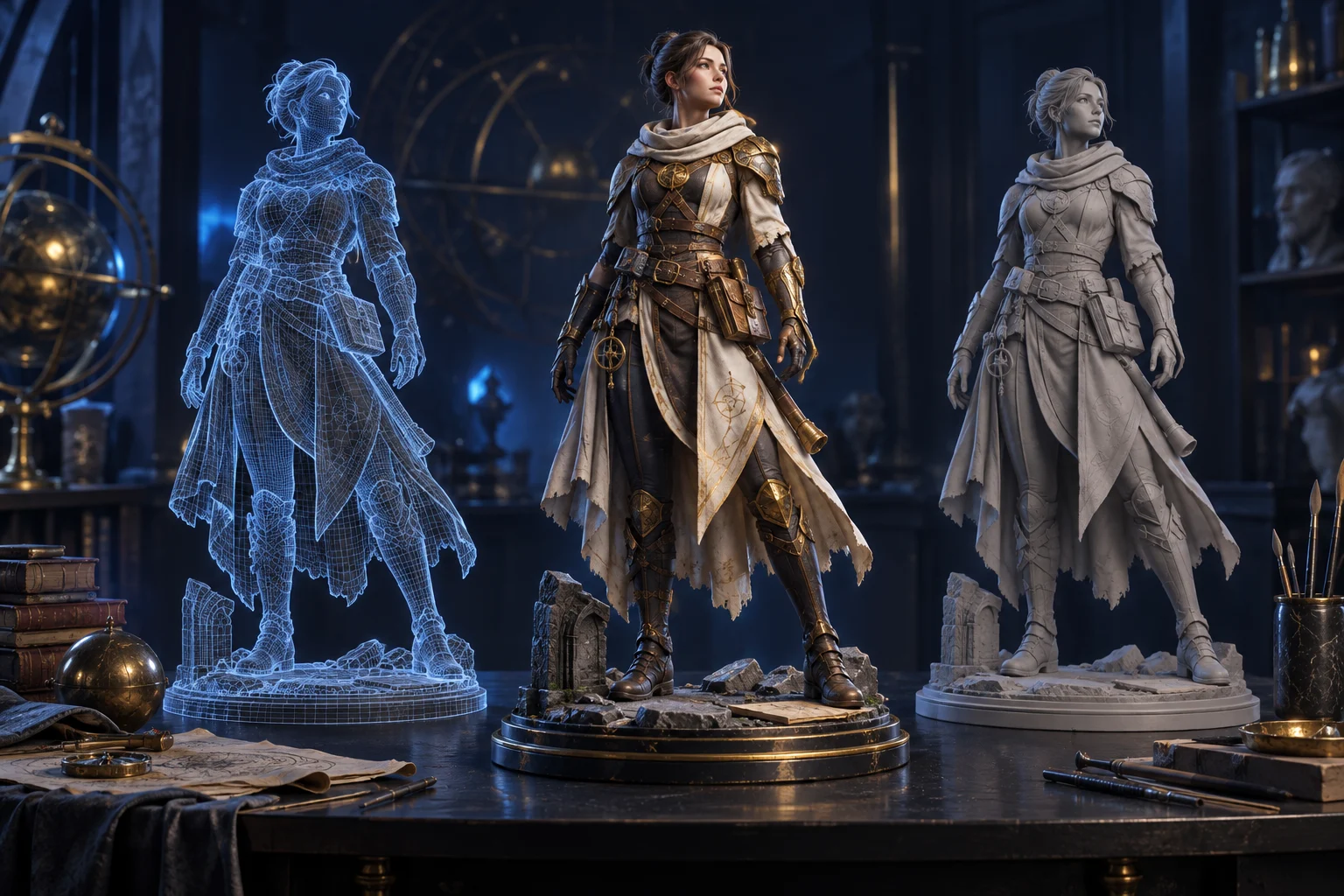A character shown as wireframe, textured artwork and clay sculpt